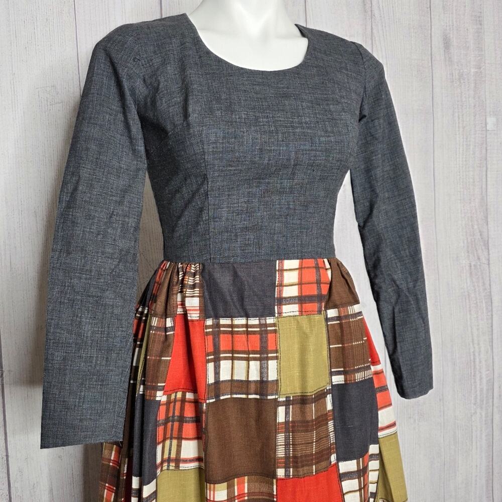 VTG 70s Vicky Vaughn Juniors Patchwork Fall Plaid Prairie Maxi Dress, Sz Small - Picture 2 of 6